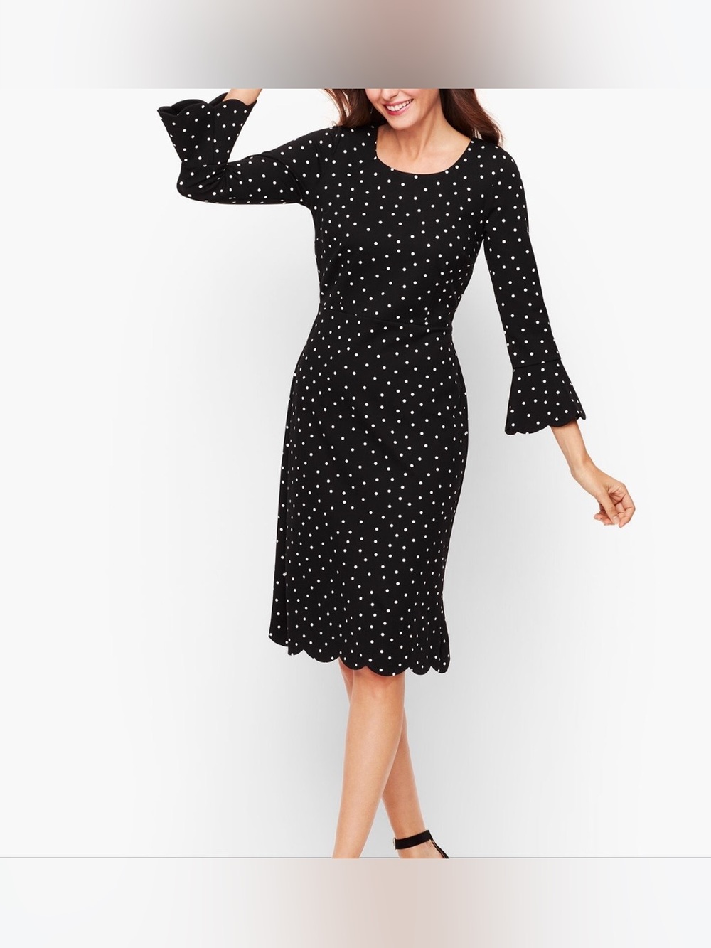 Talbots Petite 8P Black White Polka Dot Scallop Bell Sleeve A-Line Dress